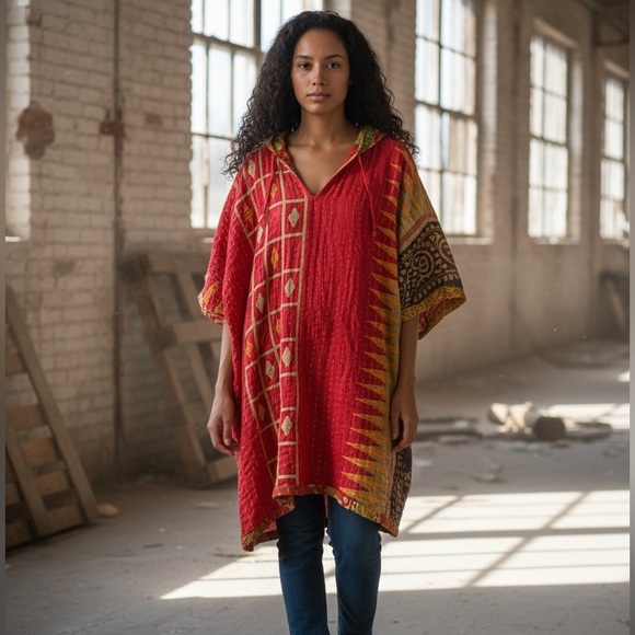 108 🌸 Hooded Poncho with pockets, handmade reversible OS - Picture 6 of 9